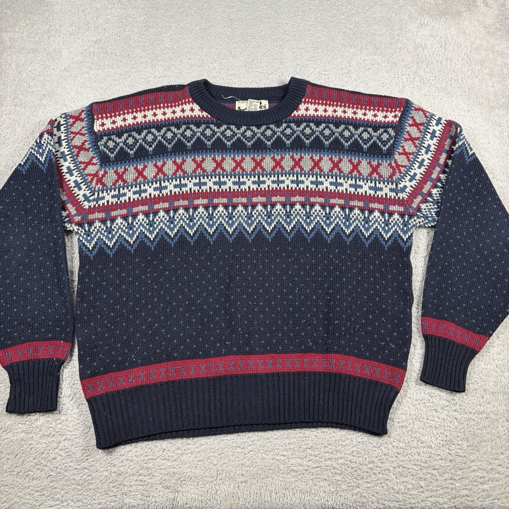 VINTAGE Steep Slopes Fair Isle Sweater Mens XL Navy Red Nordic Knit Geometric